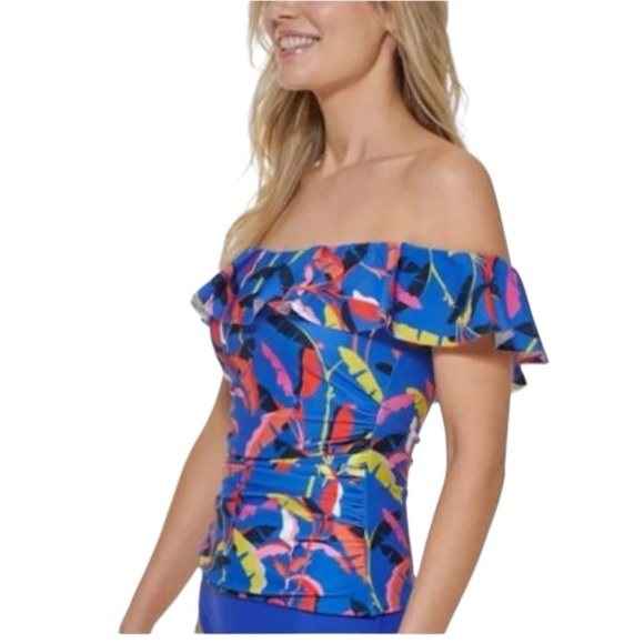 Tommy Hilfiger BLUE MULTI Ruffle Tankini Swim Top NEW XS Style TZ2KH242 NEW - Picture 2 of 14